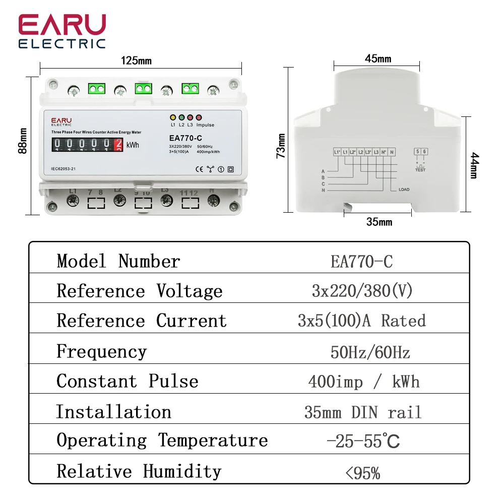 3*220V/380V Three Phase Four Wires Eelectronic Active Energy Meter kWh Power Consumption Monitor Din Rail 3*5(100)A 50/60Hz LCD