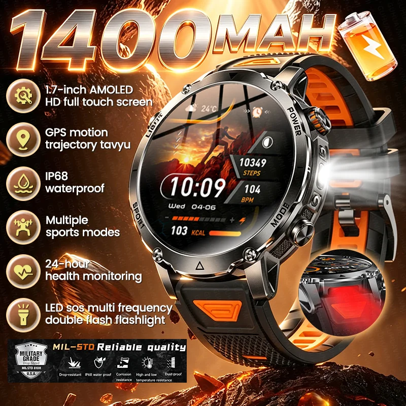 

New Military Outdoor 1400mAh Battery Smart Watch GPS Dual Flash Flashlight Bluetooth Call IP68 Sports Waterproof Men Smartwatch