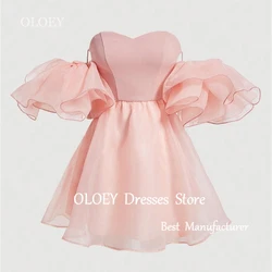 OLOEY Sweetheart Pink Mini Short Cocktail Dress Off Shoulder Silky Organza Wedding Party Dress Custom Prom Gown Zip Back