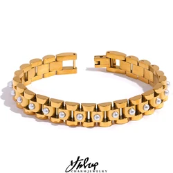 Yhpup 18cm Stainless Steel Imitation Pearls PVD Gold Plated Thick Cuban Chain Charm Bangle Bracelet Fashion Jewelry Wome