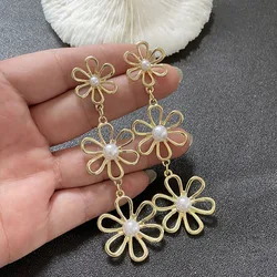Vintage Metal Flowers Long Tassel Earrings Creative Geometric Pearl Sunflower Stud Earrings Happy Daisy Earrings Party Jewelry
