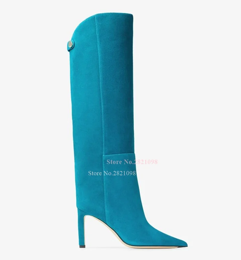 

90Mm Heeled Turquoise Blue Green Suede Knee Length Boots Women Panelled Press Stud Fastening High Stacked Heel Long Bota 195