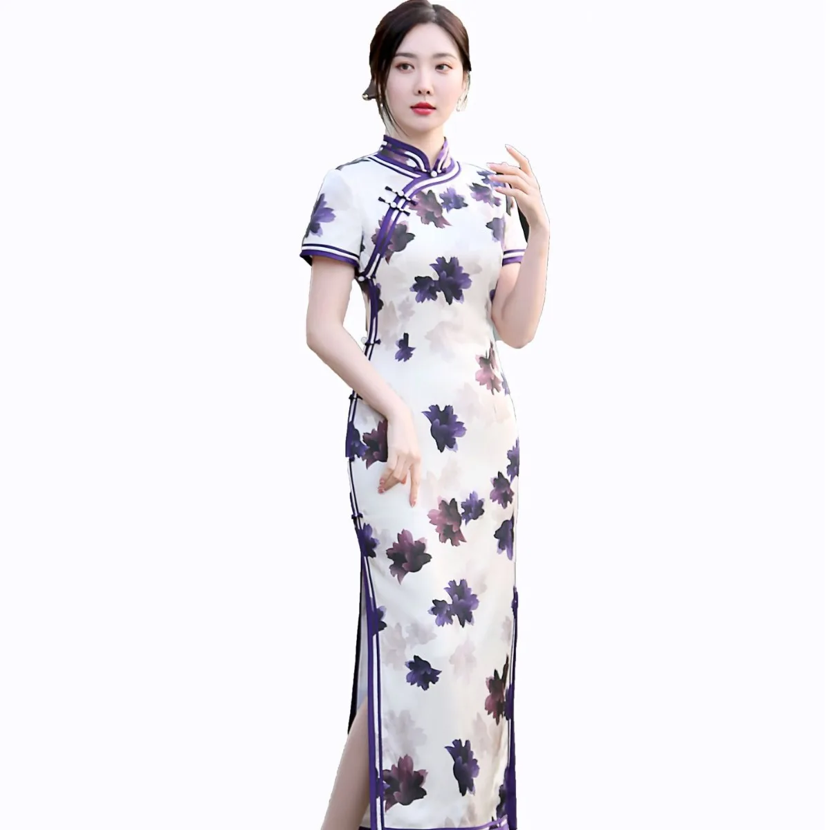 High Quality Silk Cheongsam Qipao Summer Real Show Belly Covering Waist Dress
