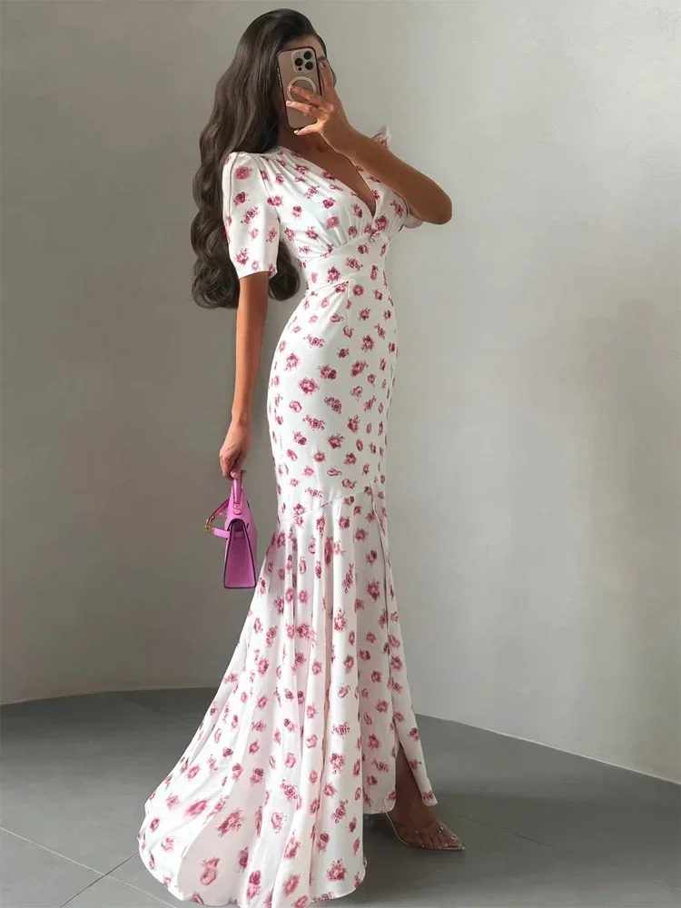 

Floral Printed Puff Short Sleeve Women Summer Dress Fashion Sexy V-neck Corset High Slit Hem Vestidos Lady Daily Gown 2026