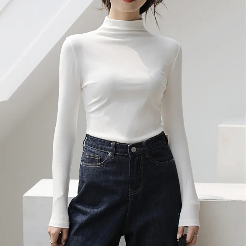 قميص نسائي بياقة نصف عالية وأكمام طويلة، ضيق ومريح للارتداء الداخلي، أنيق للربيع والخريف، متعدد الاستخدامات من البوليستر بأسل...