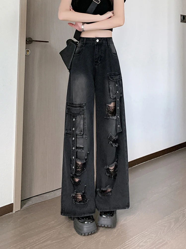 

Y2K Hole Cargo Jeans Women Retro Streetwear Loose Straight Denim Pants Multiple Pockets High Waist Casual Commuting New Trousers