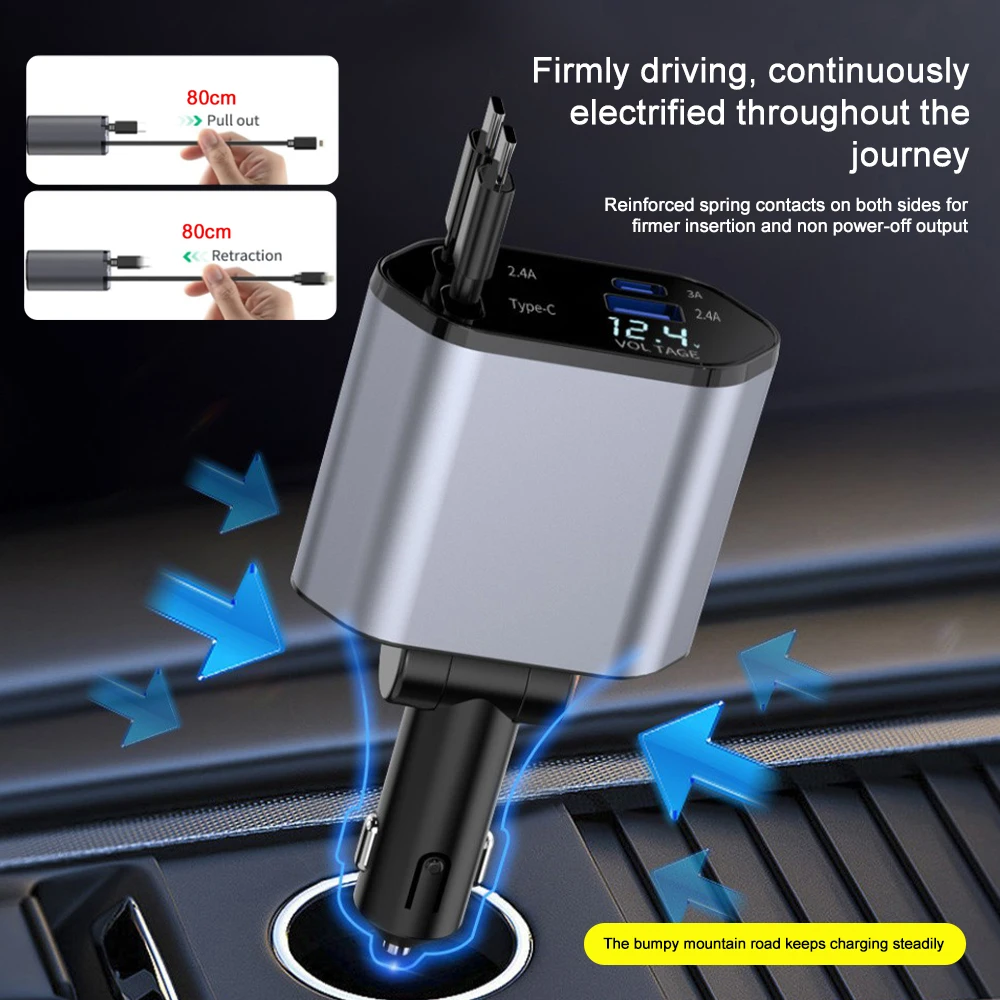 4 IN 1 Car Phone Charger 120W Type C 66W+2.4A Charging Cable with Retractable Cords with Volt Display For IPhone Huawei Samsung view 5