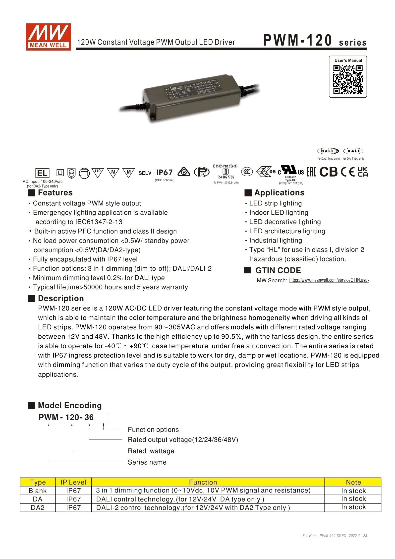 Imagem -06 - Saída Impermeável Boa do Sinal do Pfc do Meio Tensão Constante Pwm120-12 Pwm-12024 Pwm-120-24da2 Pwm-120-24kn Pwm-120-12kn Ip67