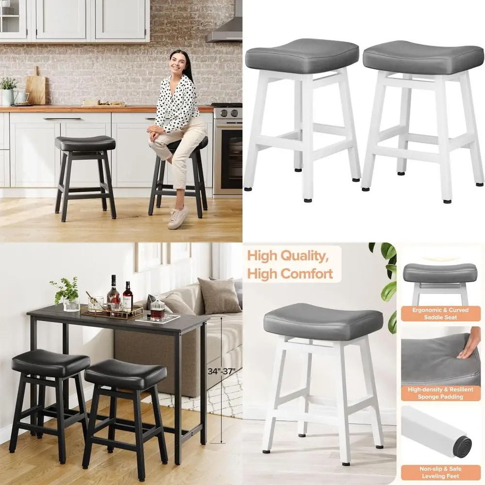 Juego de 2, 24 taburetes de bar con altura de mostrador, asientos de sillín de polipiel gris/blanco, patas de metal, fácil montaje