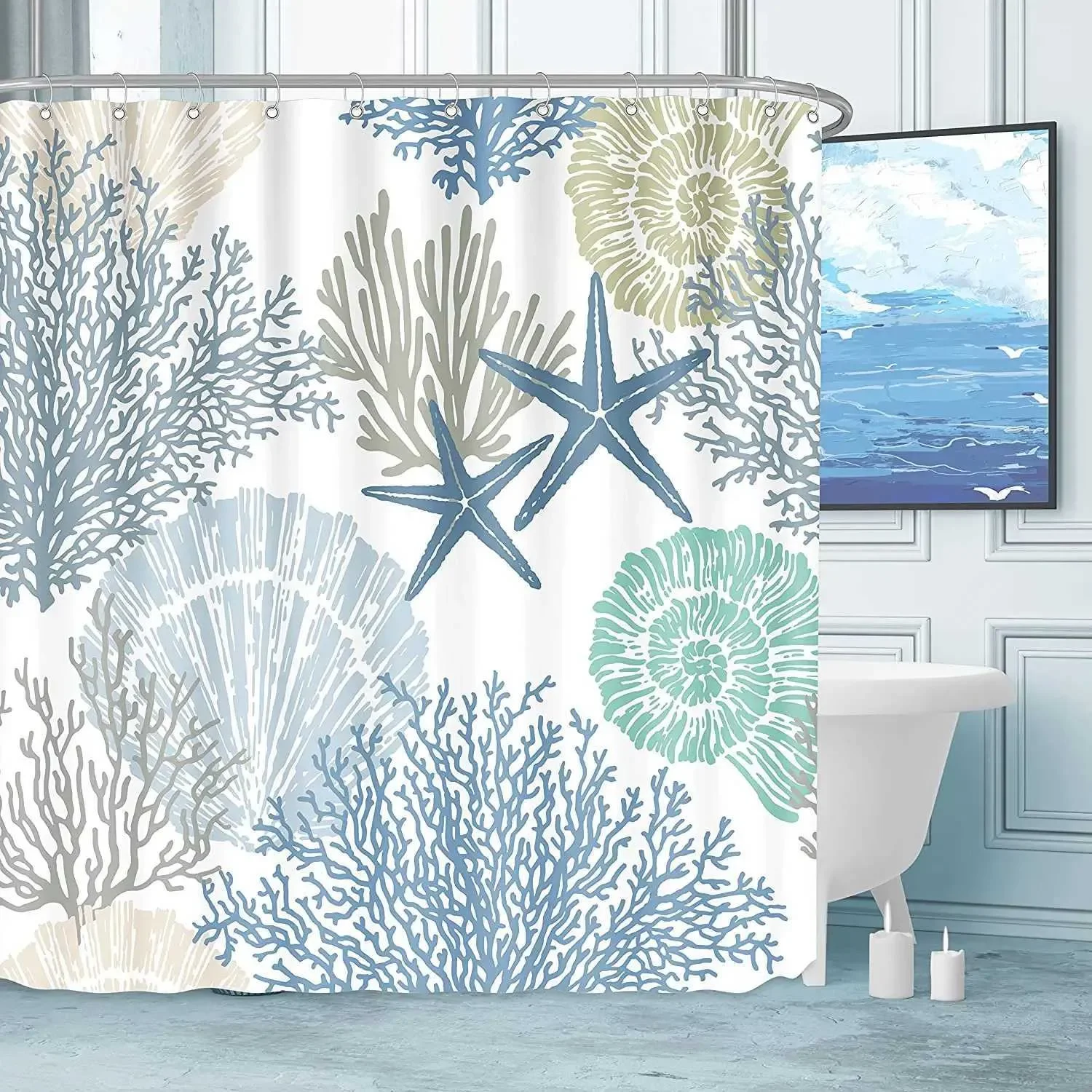 Coastal Coral & Seashell Shower Curtain, Beach Starfish & Ocean Print, Waterproof Polyester Bathroom Curtain with Hooks
