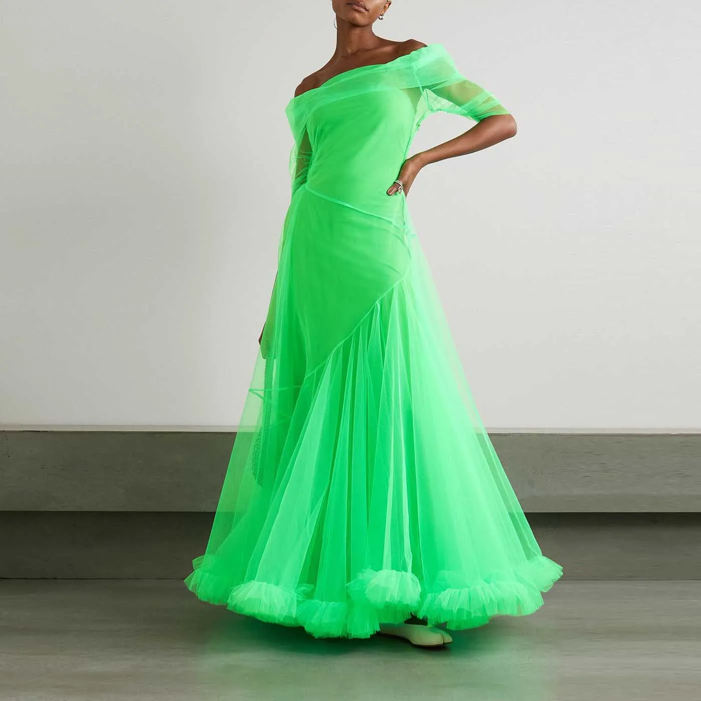 Off the Shoulder Ruffled Neon Tulle Party Dresses Bright Green Long Evening Gown Soft Liner Elegant Women Prom Formal Dress 2024