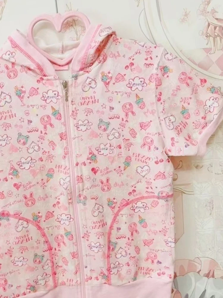 Japanese Sweet Lovely Chic Hooded Tops Women New Design Print Kawaii Short Sleeves Blouses Harajuku Y2K Slim Thin Pink Cardigan