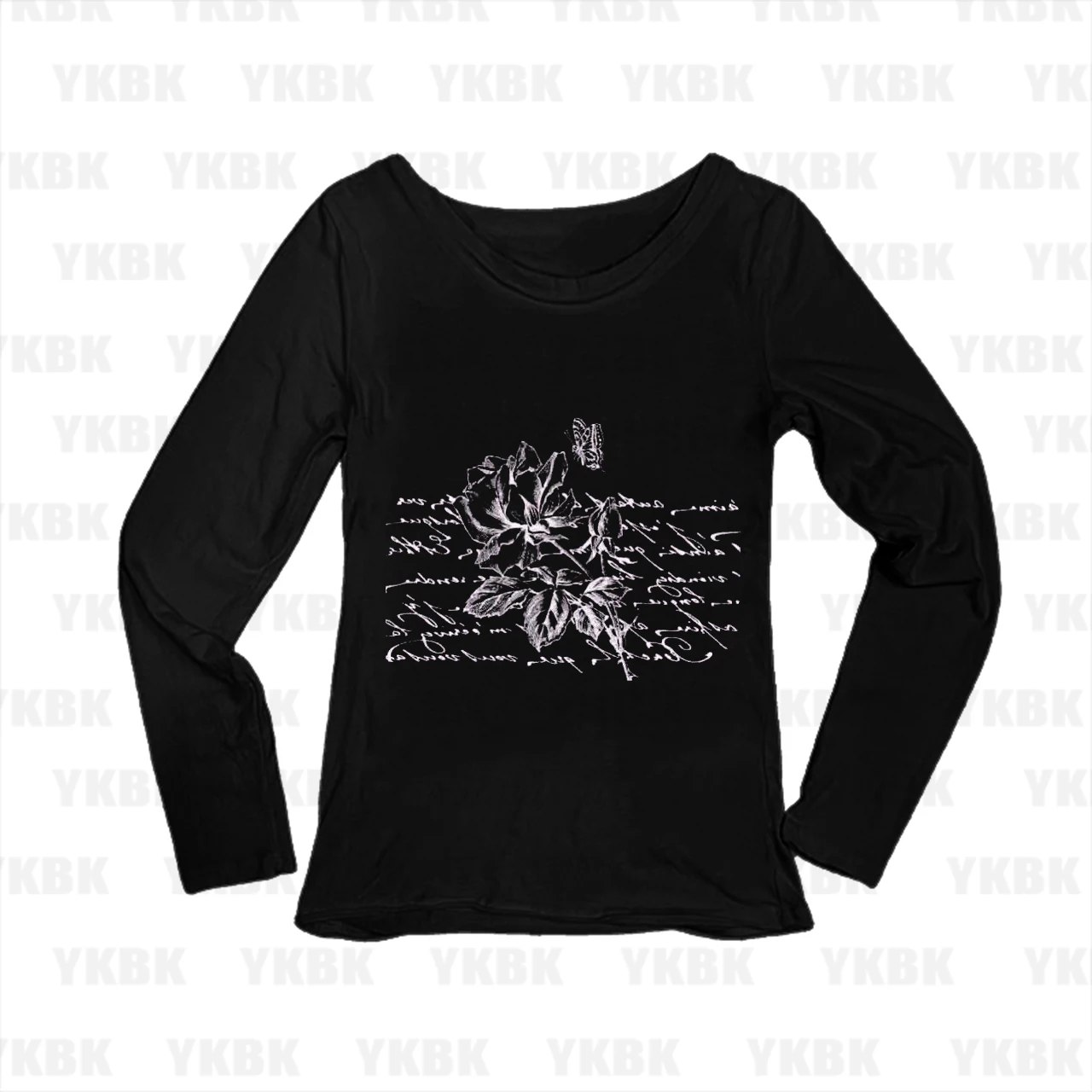 Vintage Rose Butterfly Manuscript Sketch Long Sleeve Tee Women Y2K Dark Academia Slim Fit O-neck Tops