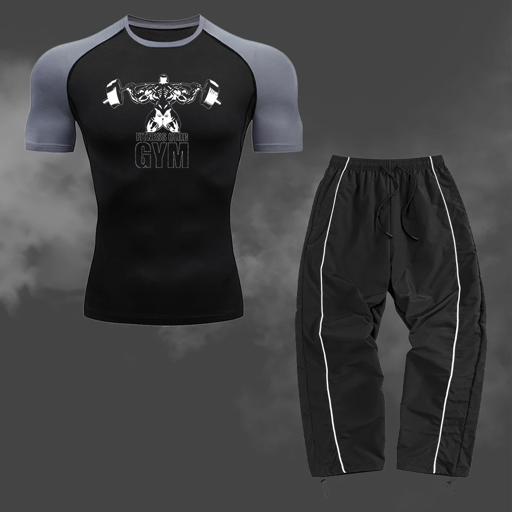 Herren Freizeit-Sportbekleidungsset Schnell Trocknendes Kompressions-T-Shirt und Sport-Hose Leichte, Atmungsaktive und Verstellbare Hose