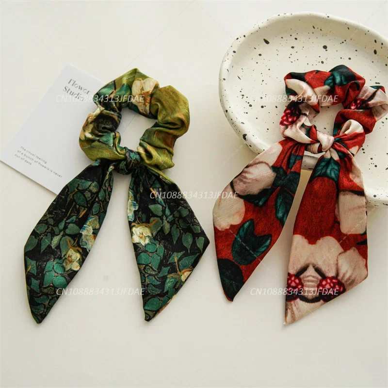 

Women Elegant Oil Painting Bow Elastics Hair Band Exquisite Scrunchies Hair Ties Ponytail Holder Girls Hair Accessories
