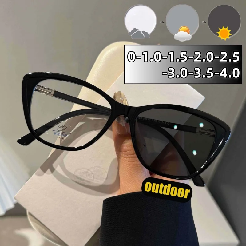 

Fashion Cat Eye Frame Myopia Glasses Blue Light Blocking Photochromic Eyewear Lady Elegant Men Business Near Sight Eyeglasses