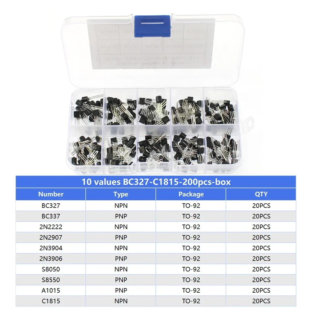 200pcs/box  TO-92 Series Transistor Kit 10 values 2N2222 2N3904 2N3906 BC337 BC547 BC557 S8050 S8550 PNP NPN Transistors Triode