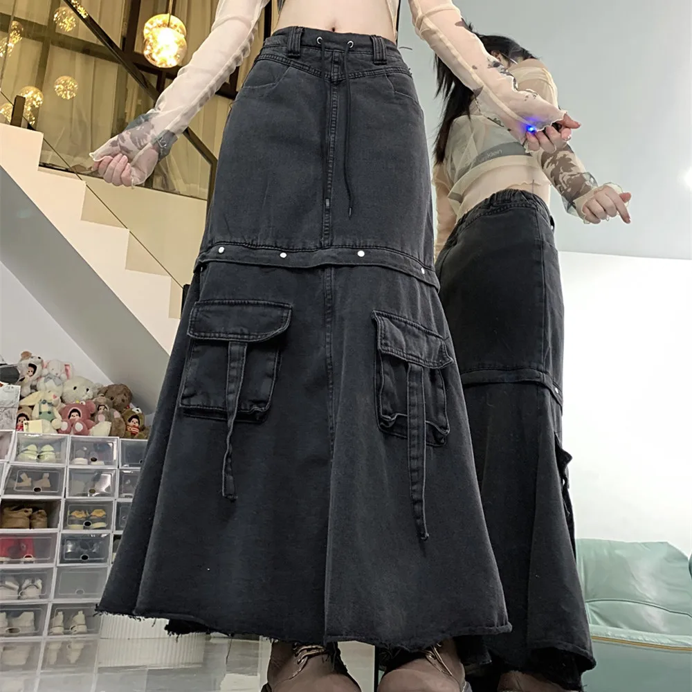 Fashion Vintage Long Denim Skirt Women Pocket Design High Waist A-Line Skirt Jean Skirts Wash Detachable denim skirt women 2024