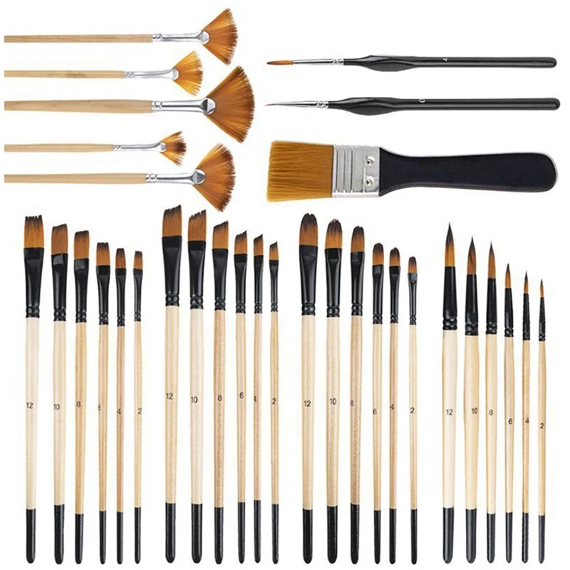 32Pcs Paint Brushes Set For Acrylic Painting,Premium Nylon Bristles With Round, Filbert, Flat, Fan, Angle, Fine Detail Brush Set