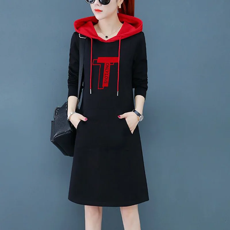 Fashion Hooded Spliced Pockets Letter Casual Dresses Female Clothing 2023 Autumn New Long Sleeve Loose Korean Mini Dress