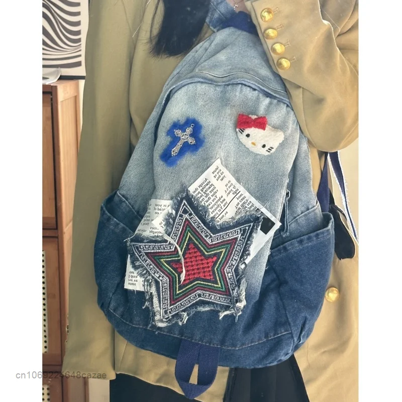 Sanrio Hello Kitty New Denim Bags Women Men Hip Hop Style Fashion Backpacks Y2k Student Schoolbag Luxury Commuter Shoulder Bag