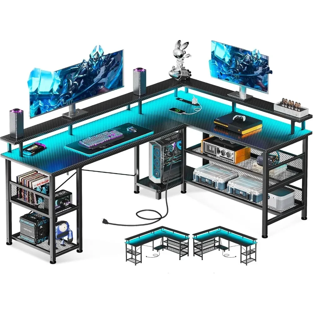 

Игровой стол L-образной формы 59 дюймов с выходной мощностью и фонариками, игровой стол для ПК с USB-портами, двусторонний L-образный стол