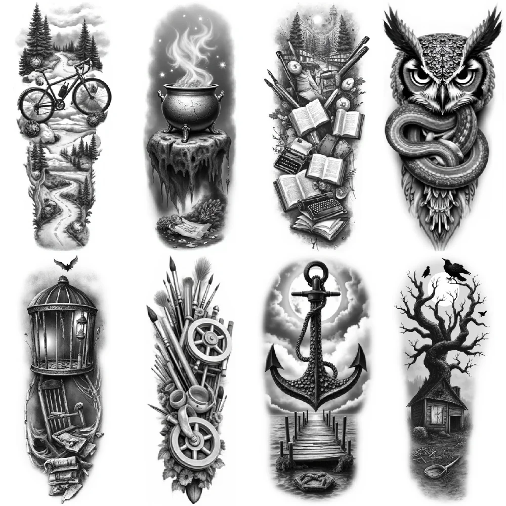 

3pcs Temporary Tattoo Black and Grey Realism Bicycle Art Cauldron Nautical for arms Adults thighs