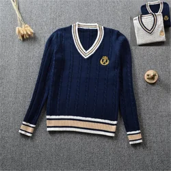 Jersey de punto para niño y niña Jk, uniforme escolar británico de algodón, jersey de manga larga, azul y blanco