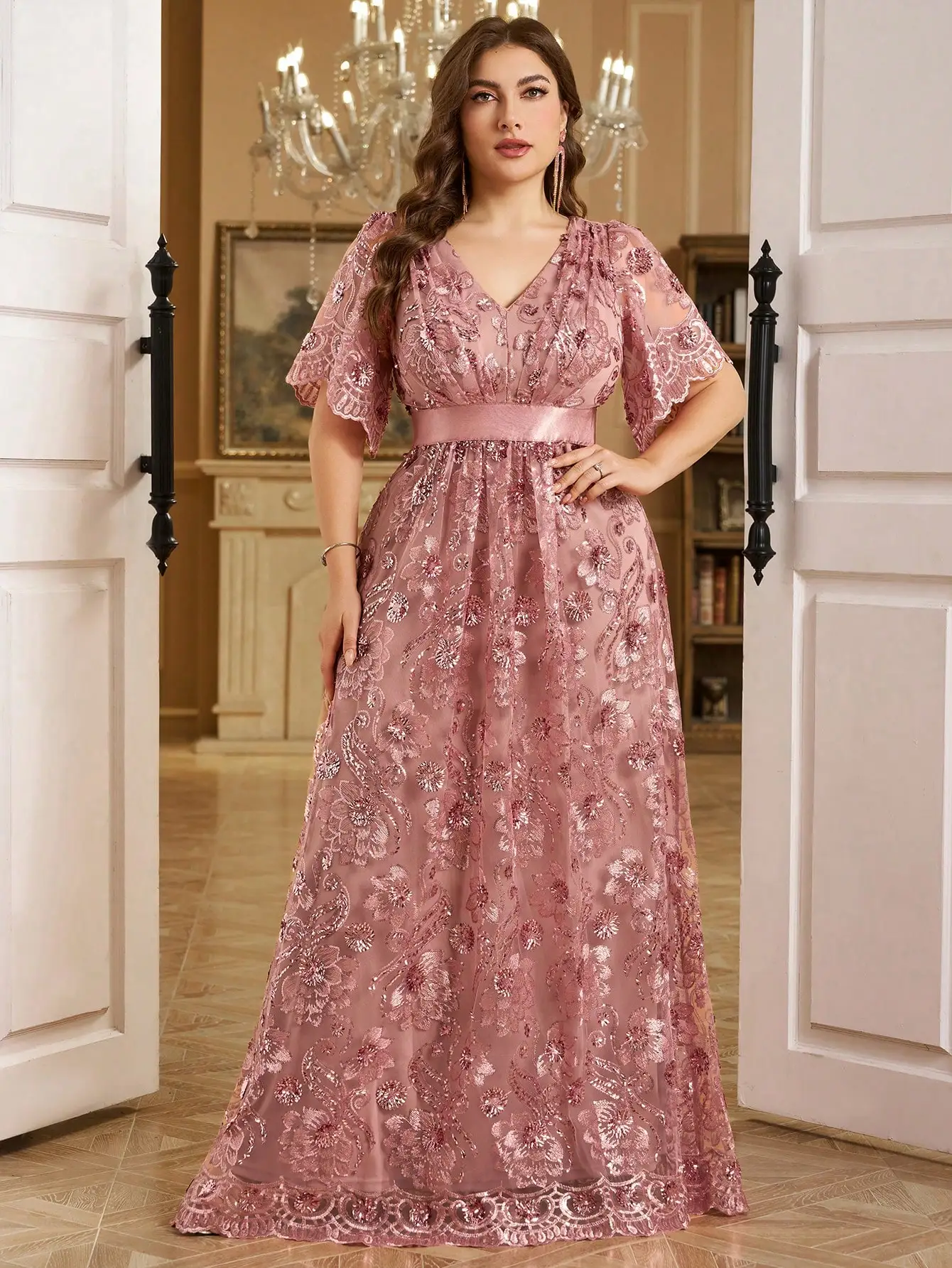 

Plus Size Elegant V-Neck Ruffle Sleeve Sequin Floral Embroidered Evening Dress