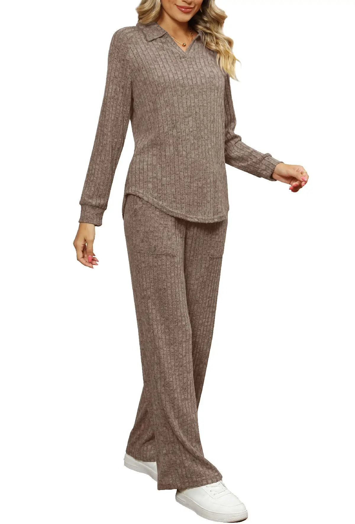 Knitted Polo-Neck Long Sleeve Sweater + Drawstring Long Pants Women's Fall New Fashion Loose Simple Solid Color Casual Texture