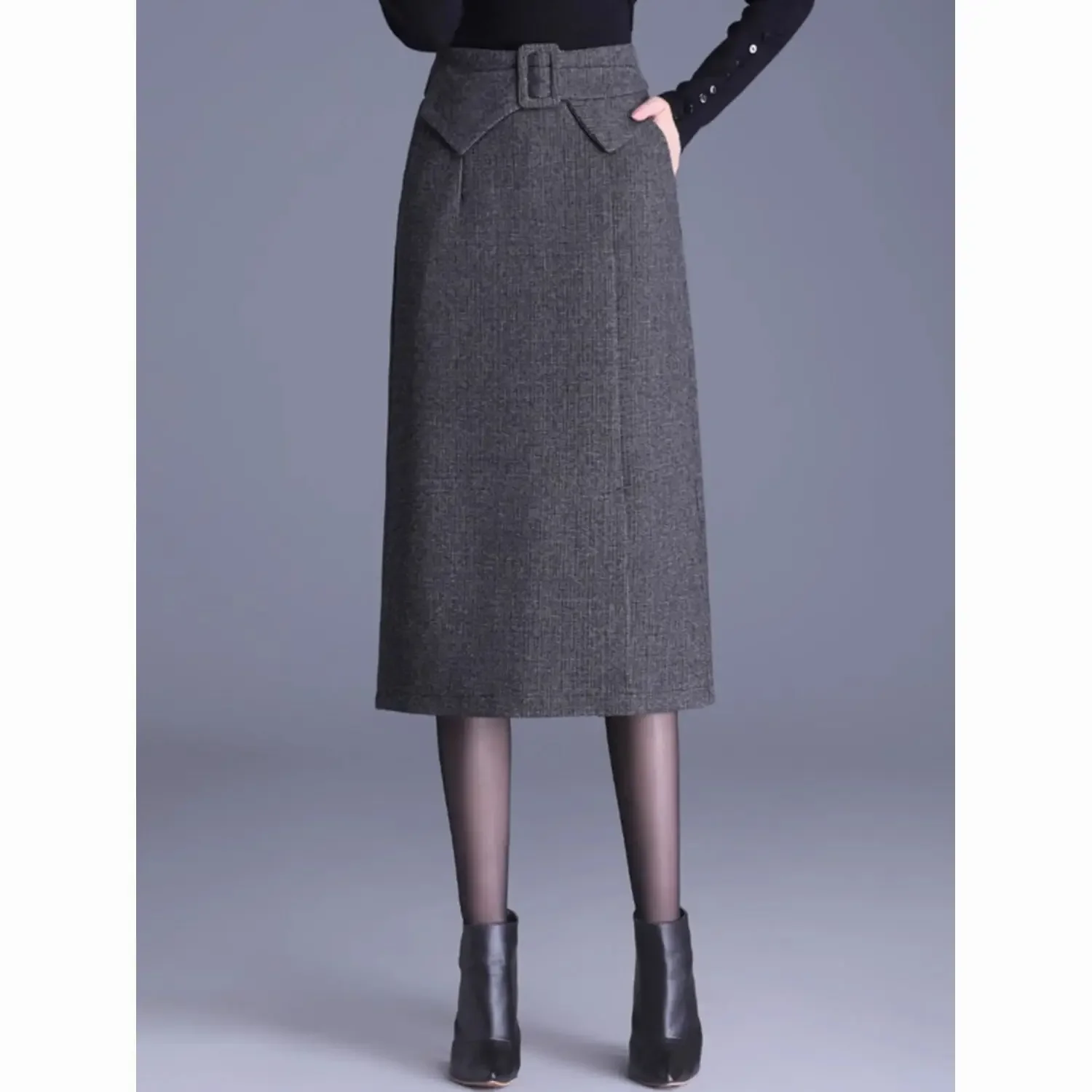 

Woolen Autumn and Winter New Style Waist Bag High Waist Versatile Hip Skirt Slimming Slit Mid-length One-step Skirt