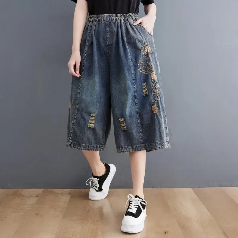 New 2024 Summer Streetwear Womens Vintage Ripped Jeans Holes Blue Denim Shorts Ladies Elastic Loose Thin Straight Wide Leg Pants