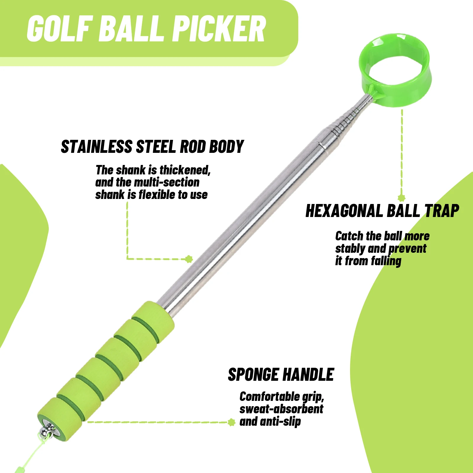 Golfball-Retriever, teleskopischer Schaft aus Edelstahl, hohe Haltbarkeit, doppelseitiger Ballpflücker, oberer Greifer, Golfgeschenke für Golfer – Detail 2