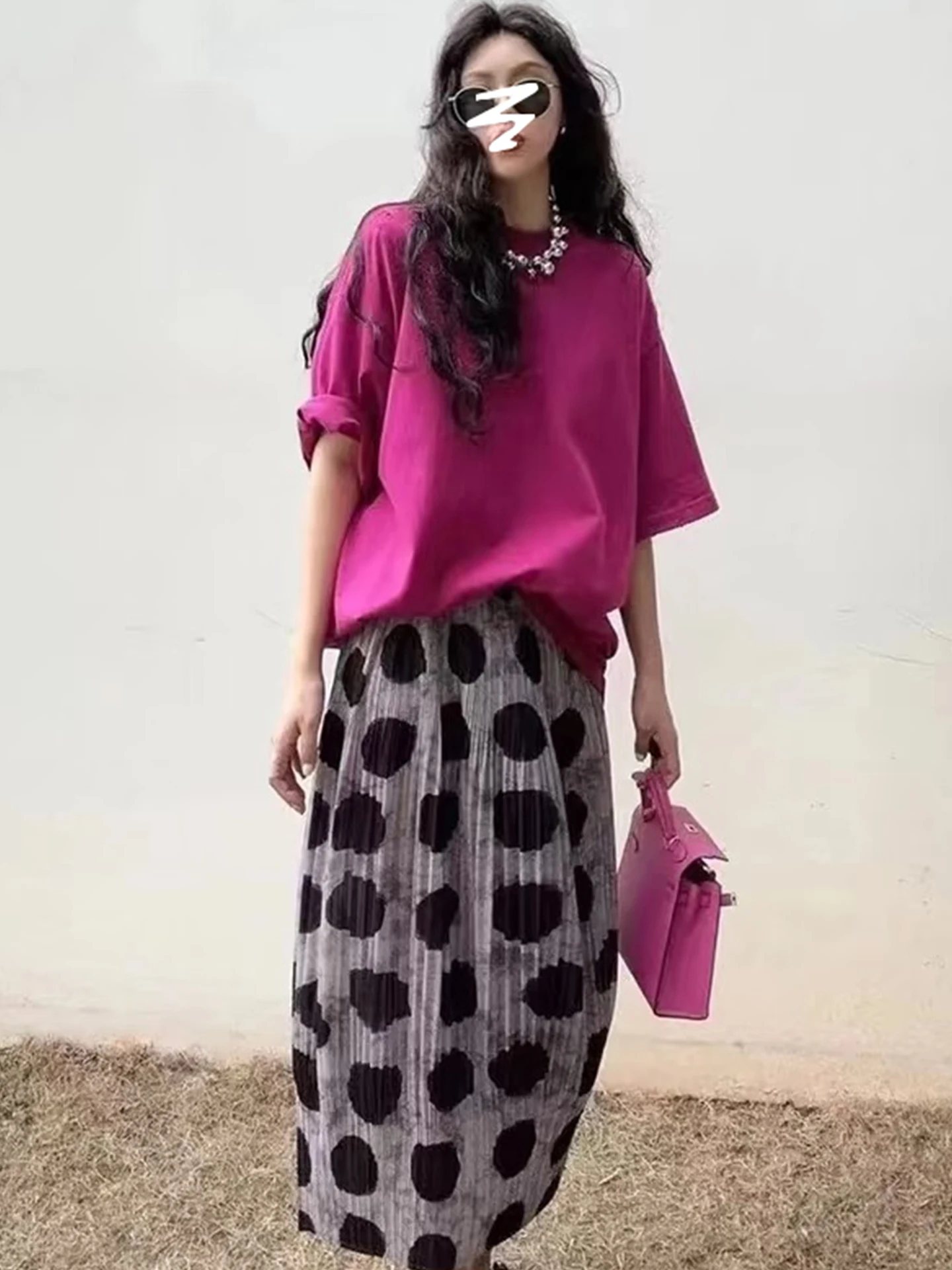 

Юбка миди с высокой талией, черная, в горошек, А-силуэт, женская, универсальная, в стиле ретро, плиссированная, для офиса, в корейском стиле, из полиэстера