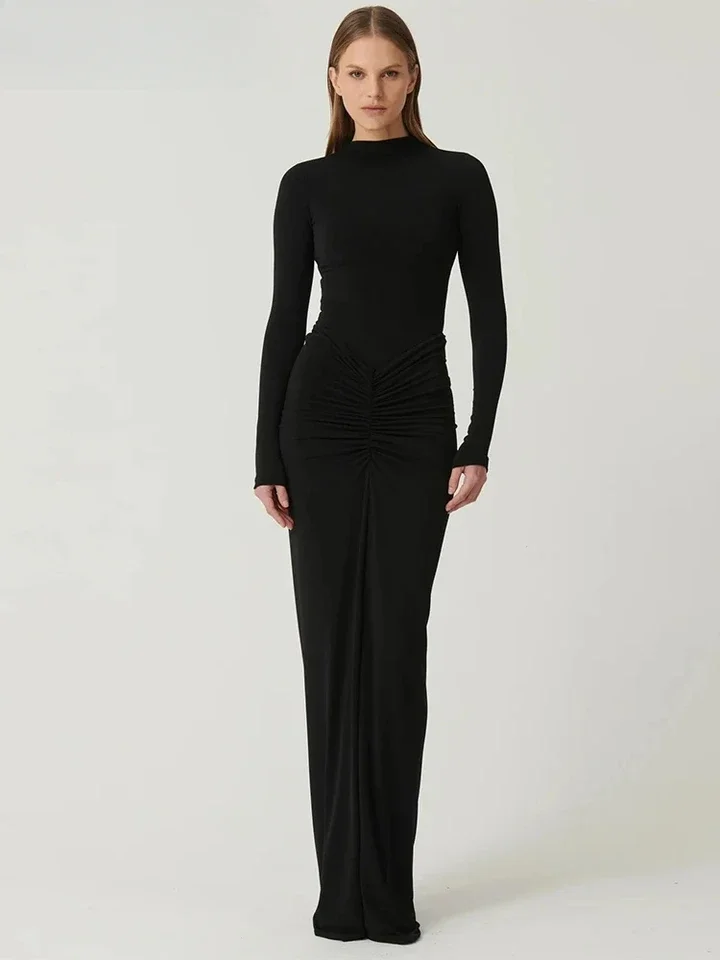 Ruched Dress Women o-NeckFull Sleeve  Skinny Stretch Robe Autumn Trend Simple Classic Pleats Long Bodycon