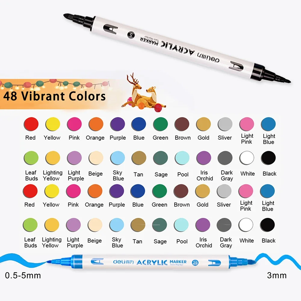 Deli 48 Colors Permanent Acrylic Markers Double Headed Acrylic Paint Pens Waterproof Stone Glass DIY Kids Christmas Gifts