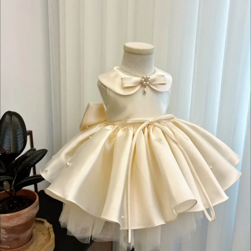 New Sleeveless Light Apricot Bowknot Beaded Puffy Princess for Girls Dress