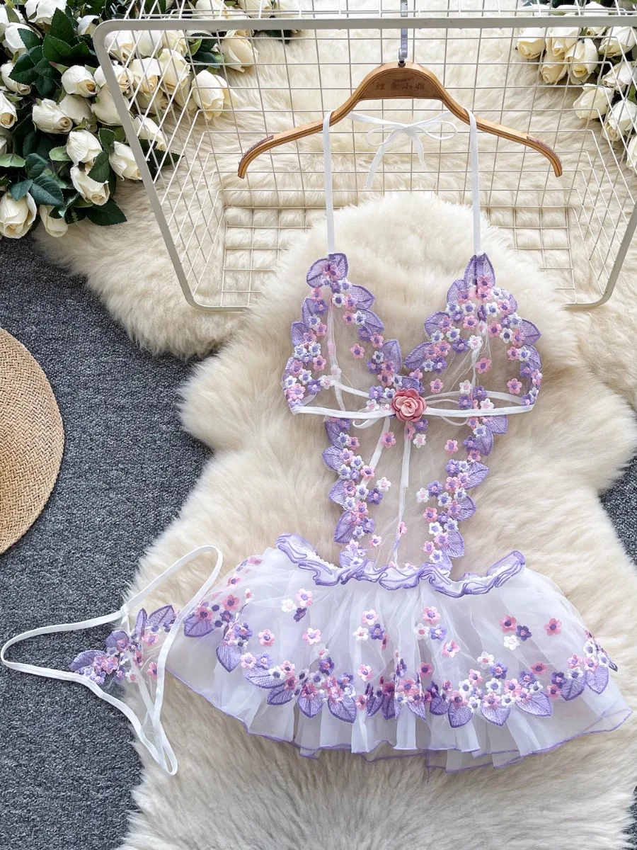 Foamlina malla bordado recortado chica puro deseo Mini Vestido corto mujeres novedad de verano dopamina Halter Sexy vestido transparente