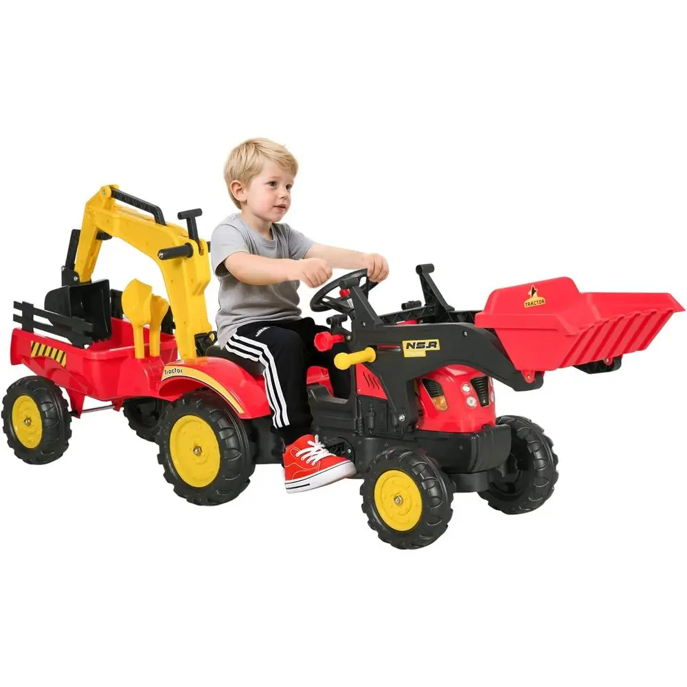 Pelle/buzzer 3 en 1 pour enfants, jouet de pelle à pédale pour déménagement/arrière avec 6 roues et remorque de chargement amovible