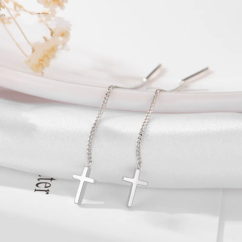 Buyee 925 Sterling Silver Cross Earring Long Ear Wire Sweet Dangle Tassel Earring for Woman Girl Fashion Fine Jewelry Earring