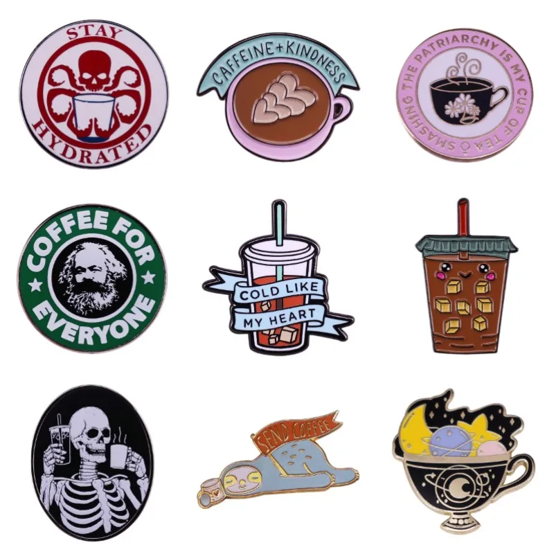 

Hard Enamel Pins Sloth Coffee Cup Milk Tea Pin Scary Octopus Skeleton Brooch Cup Lapel Badges Jewelry Gift For Friends Wholesale