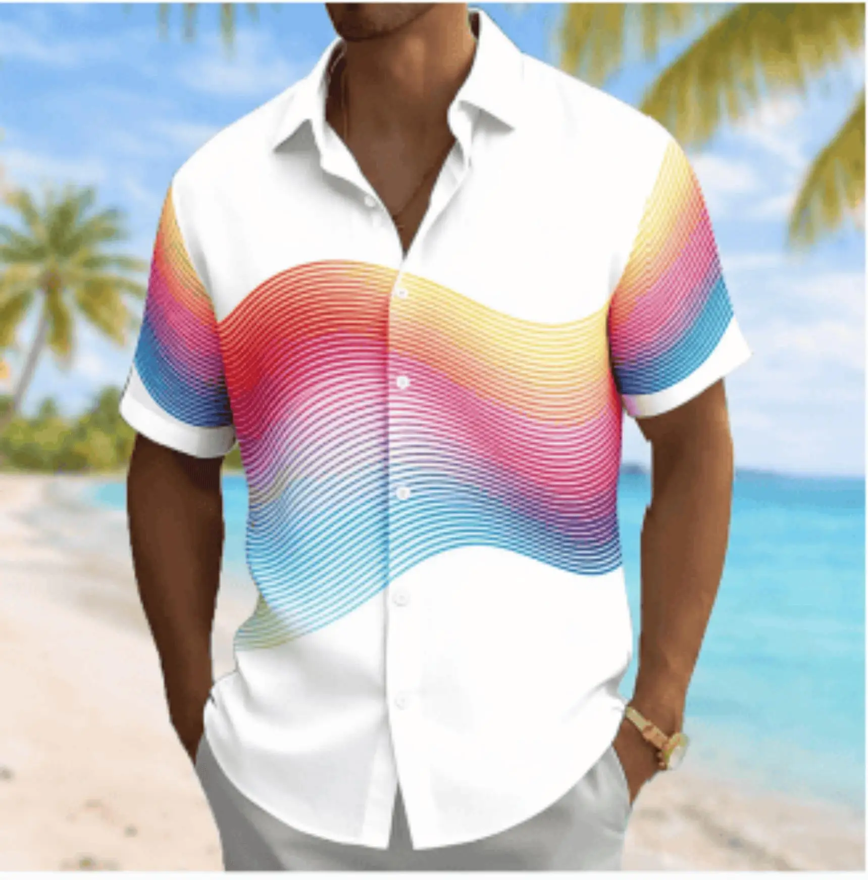 Men's Wave Line Print Short Sleeve Shirt, Spring Summer Casual Vacation Turn-Down Collar Blouse, Loose Fit Top