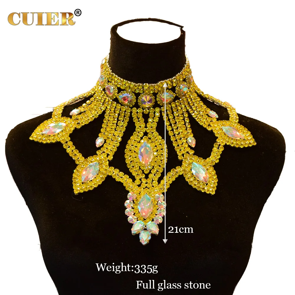 CUIER Bright Yellow Rhinestones Glass Luxury Women Headpiece Earring Necklace Set Jewelry Bracelet Bangle Huge size Accessories