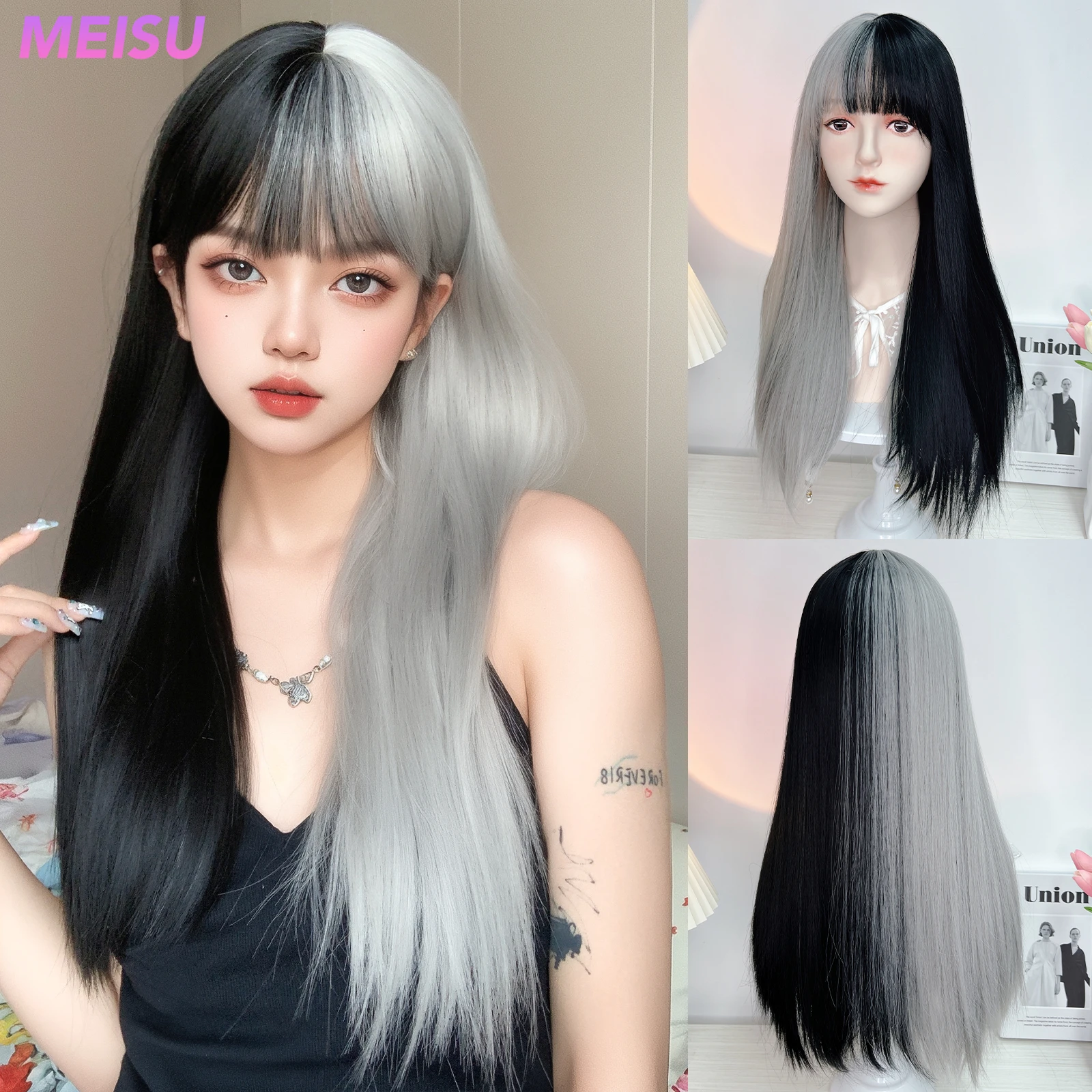 

MEISU Black And Gray Wig Long Straight Bangs 24 Inch Fiber Synthetic Heat-resistant Natural Party or Selfie For Women