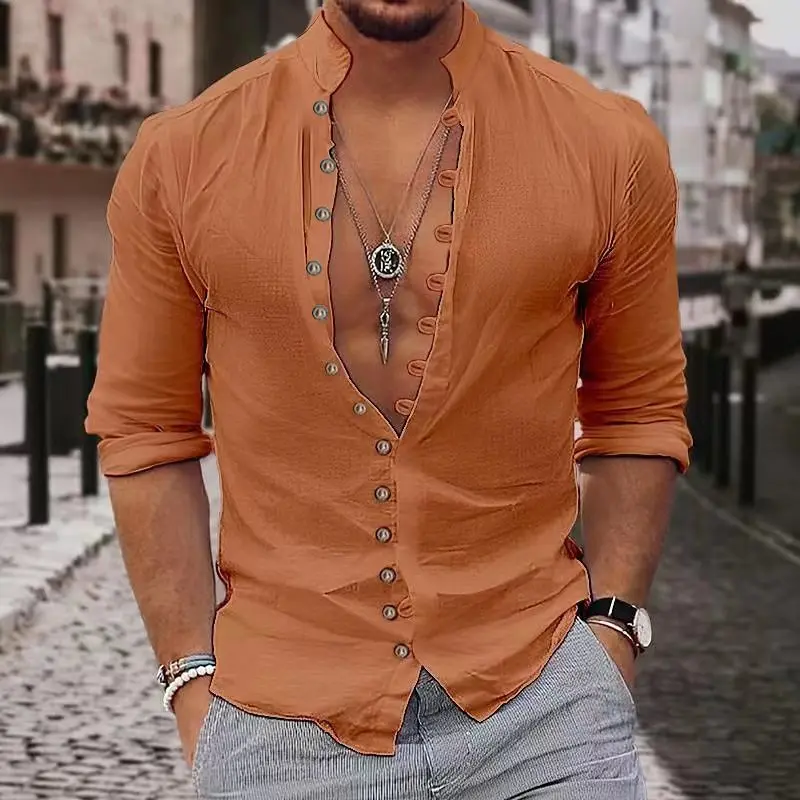 Camicia casual da uomo primaverile ed estiva Moda retrò 2025 Canapa Multi-bottone Stand Abbigliamento da uomo musulmano Cardigan a maniche lunghe da strada