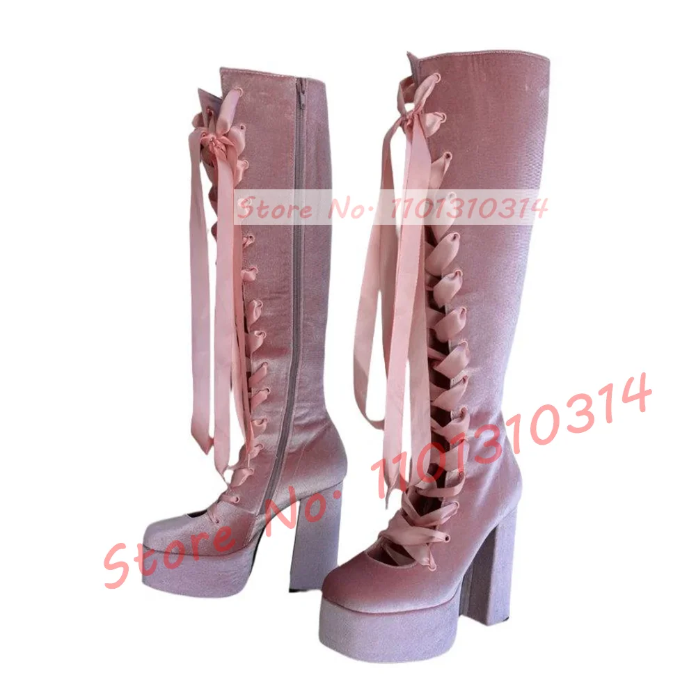 Satin Ribbon Platform Long Boots Women Pink High Block Heels Front Cutouts Suede Shoes Ladies Sweet Party Lace-up Knee High Boot