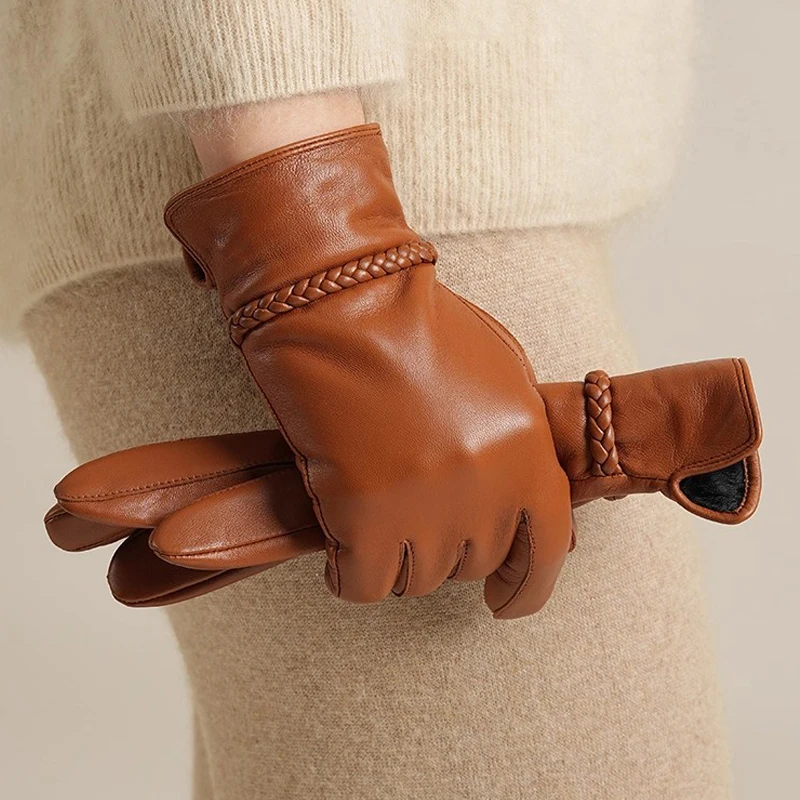 Camel Leather Gloves For Women , Winter WarmThickened Fleece, Windproof / Cold-Proof Touch Screen Sheepskin Gloves