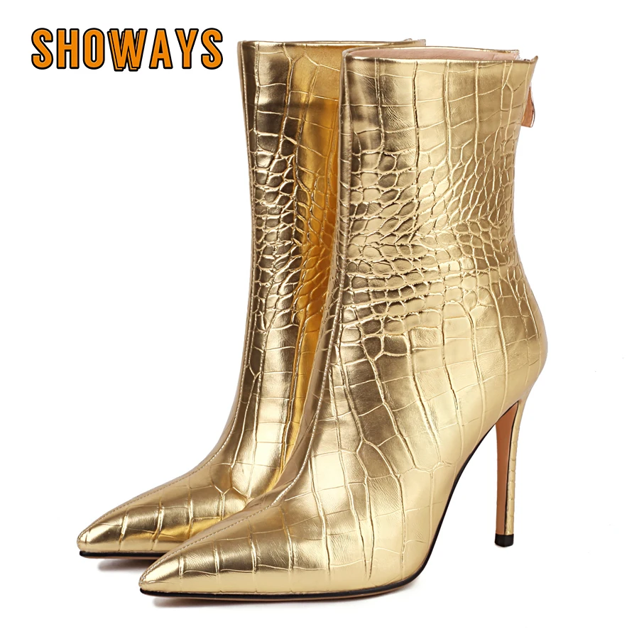 

Gold Faux Crocodile Leather Ankle Boots Women High Thin Heel Silver Black Party Dress Lady Winter Zipper Pointed Toe Short Boots