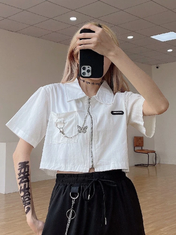 Jmprs Gothic Chain Y2K Cargo Shirt Women Harajuku Streetwear Cropped Blouse Vintage Design Korean Short Sleeve Bf Pocket Tops