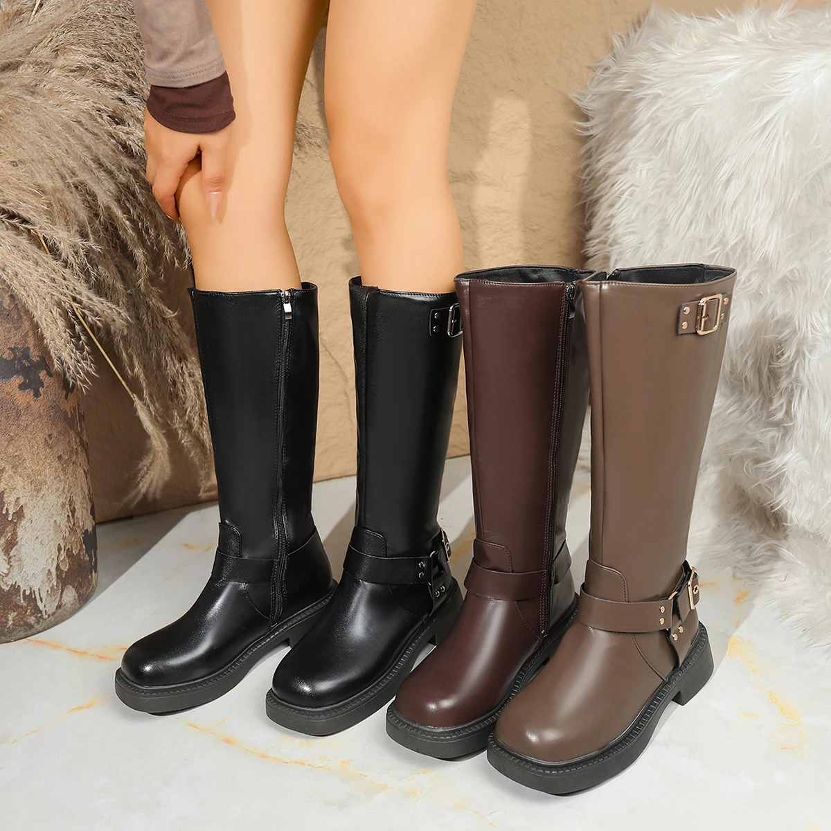 

Ladies Fashion Boots Winter Fashion Casual Round-headed Zipper Thick-soled PU Leather Roman Style Joker Fashion Boots Plus Size
